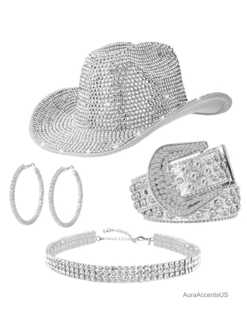 Rhinestone Cowboy Hat Belt Necklace Earrings Set Glam Western